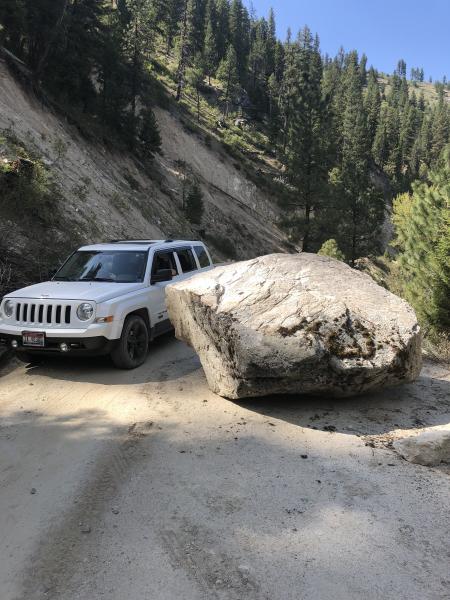Spring brings some surprising obstacles here. My poor Jeep felt rather anemic next to this boulder cause by spring runoff. 1 mile south of Barber Flats.